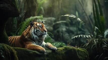 Fototapeta na wymiar a tiger laying on a rock in a forest of trees. generative ai
