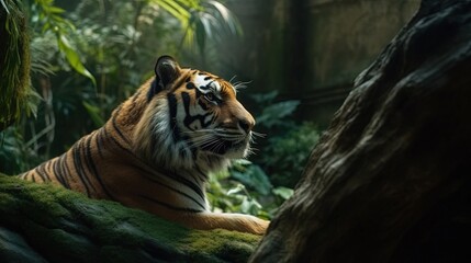 Fototapeta na wymiar a tiger laying down in the middle of a forest of trees. generative ai