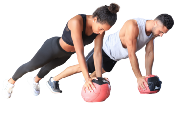 Beautiful young sports couple is working out with medicine ball on a transparent background