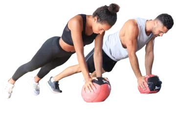 Fotobehang Fitness Beautiful young sports couple is working out with medicine ball on a transparent background