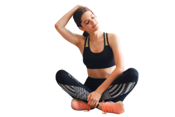 Fitness beautiful slim woman is sitting on the floor on a transparent background