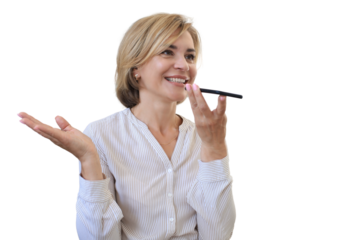 Modern cheerful middle aged woman standing hold smartphone talk on loudspeaker, using virtual digital voice assistant on a transparent background