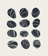 Set of gray textured stones isolated on white background. Beautiful sea pebbles. Vector shabby hand drawn illustration