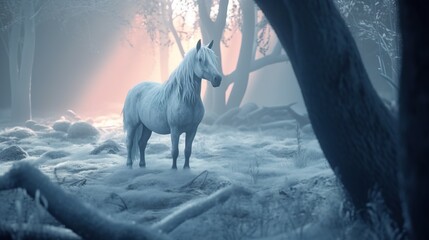  a white horse standing in the middle of a snowy forest.  generative ai