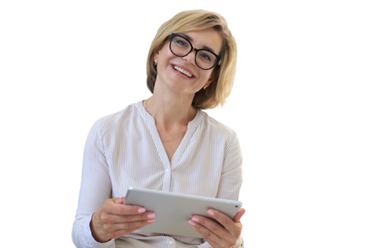 Cheerful middle aged woman standing using computer tablet apps, looking at screen, reading good news in social network, shopping or chatting online on a transparent background