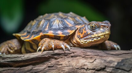  a close up of a turtle on a tree branch with a blurry background.  generative ai