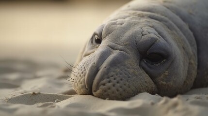  a close up of a seal laying on a sandy beach.  generative ai