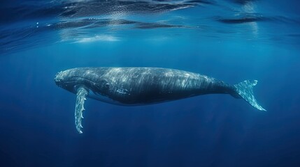  a large gray whale swims under the surface of the water.  generative ai