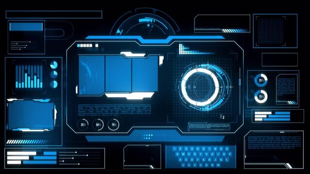 Futuristic HUD display with sci fi elements. Blue digital data interface. Future technology screen. Cyberspace. Uploading ui system.