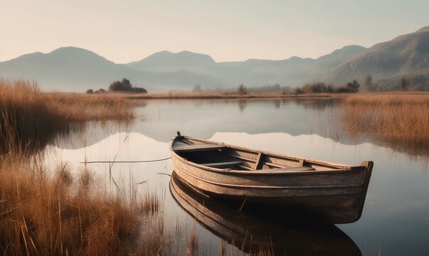  a small boat sitting on top of a lake next to a tall grass covered shore covered in water lilies and mountains in the distance.  generative ai
