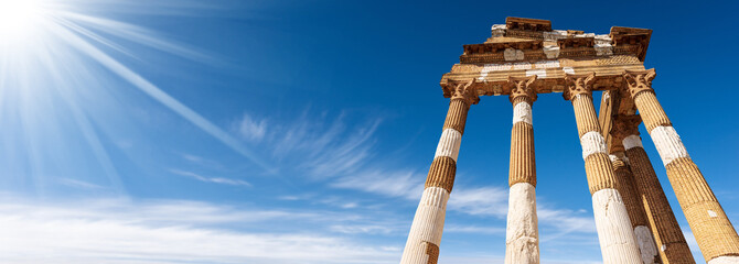 Brescia Italy. Roman temple called Capitolium or Tempio Capitolino against a clear blue sky with...
