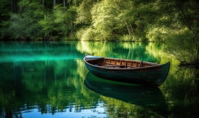 Fototapeta na wymiar a small boat floating on top of a lake next to a lush green forest covered forest filled with lots of trees and a blue sky. generative ai
