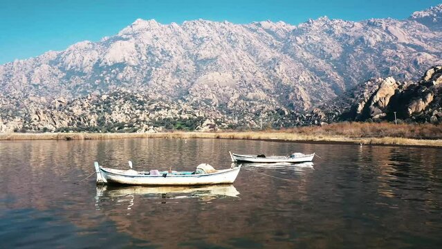 Aerial view of fishing boats on Lake Bafa in Turkey in the early morning