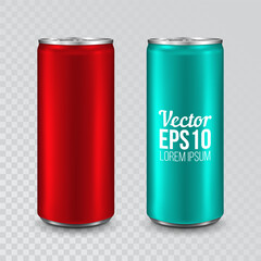 Aluminum can isolated on transparent background. Realistic metallic can for beer, soda, lemonade, juice, energy drink. Vector template for your design.