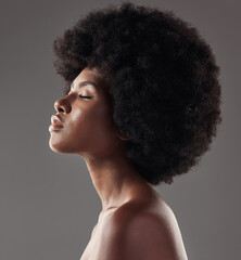 Natural haircare, profile and black woman with afro hairstyle, beauty and skincare on grey background. Hair care, cosmetics and beautiful face of African model with skin glow and shine in studio. - obrazy, fototapety, plakaty