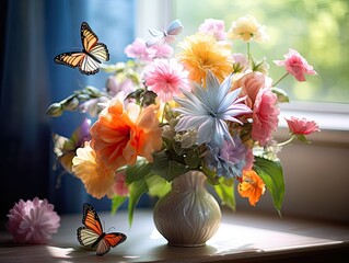 Vibrant colorful spring flowers in a vase decorated with silk butterflies. Generative AI