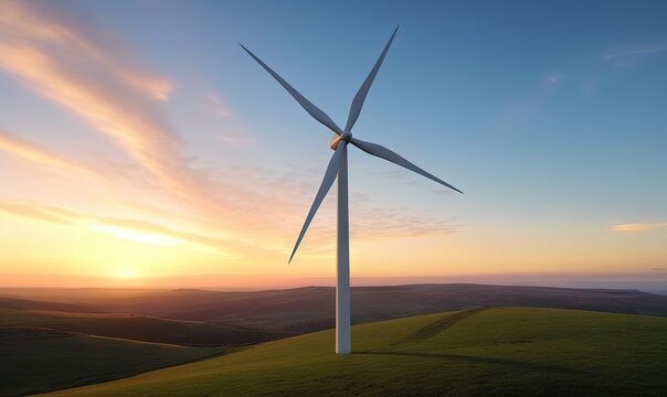  a wind turbine on a hill with a sunset in the background and clouds in the sky over the hills and hills below it are green grass and a blue sky.  generative ai