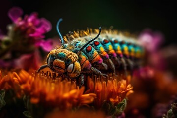 Close-up of a colorful caterpillar crawling across a bed of bright, blooming flowers