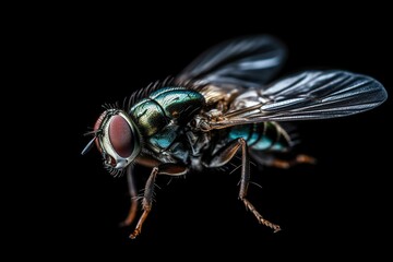 Closeup of a bright blue and green fly on a dark background