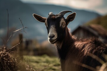 African Indigenous pygmy goat with curved horns in a lush field