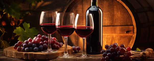 Two glasses of red wine, Grapes And Barrel On wooden Background in vine cellar. copy space for text, generative ai