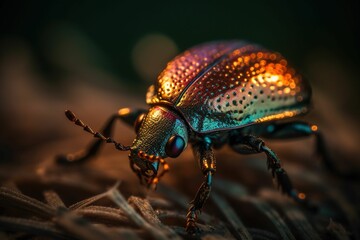 Fototapeta premium Close-up of a small beetle on lush green grass at sunset