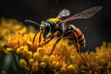 Naklejka premium Close-up of a honeybee perched on a vibrant flower collecting nectar