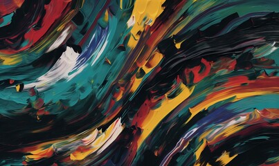  an abstract painting of multicolored lines and shapes on a black background with a yellow center in the middle of the painting and a black bottom half of the image.  generative ai