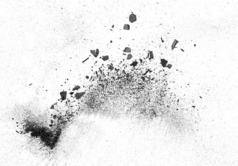 Particles of charcoal isolated on a white background, view from above. Placer cosmetics.