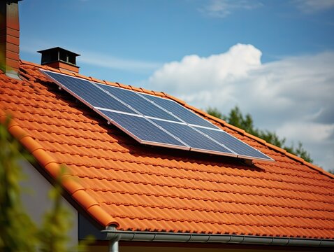 A row of solar power panels installed on orange tile roof. Renewable ecological green energy concept. Generative AI