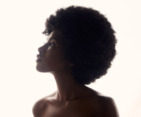 Hair, silhouette and profile of black woman with afro hairstyle, beauty and skincare on white...