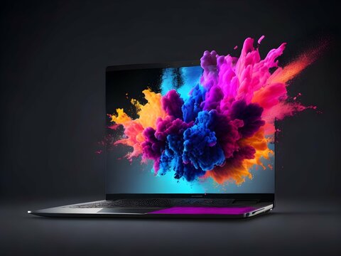 Kreative Farbexplosion aus Laptop &ndash; Symbol f&uuml;r digitale Innovation und Technologie