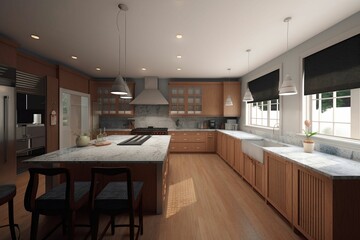 AI generated illustration of a modern kitchen with countertops, wood cabinets, and a center island