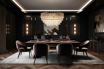 AI generated illustration of a dining room with a stunning chandelier