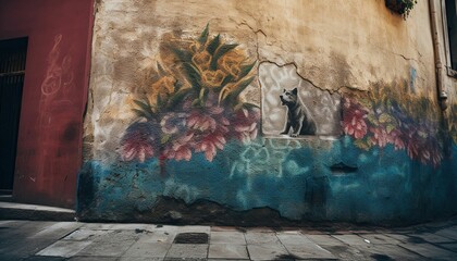 the wall has a flower design and a dog sitting in it