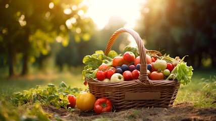 Basket of fruit, crops, garden, fresh fruit and veggies, woven basket of fruits and vegetables, organic harvest, farmland, healthy food, tomatoes, greens, grapes, agriculture, made with geenrative AI - obrazy, fototapety, plakaty