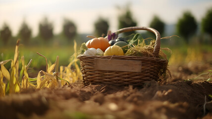 Basket of fruit, crops, garden, fresh fruit and veggies, woven basket of fruits and vegetables, organic harvest, farmland, healthy food, tomatoes, greens, grapes, agriculture, made with geenrative AI - obrazy, fototapety, plakaty