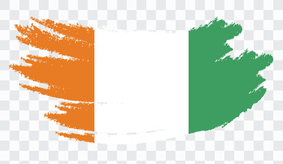 Grunge brush stroke with IVORY COAST national flag. Watercolor painting flag,poster, banner of the national flag. Style watercolor drawing. Vector isolated on transparent background.