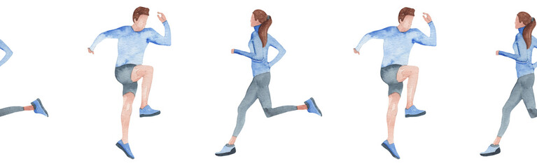 Sports at sunrise border.Running.Gymnastics.Morning gym.Watercolor sport isolated on white background.