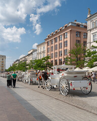 Naklejka premium A long line of white horse-drawn carriages waiting for tourists on the gray cobbled street of the old town on a sunny day among the citizens and tourists of Krakow. Horse transport in European cities