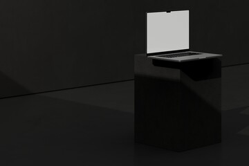 Laptop on dark block - obrazy, fototapety, plakaty