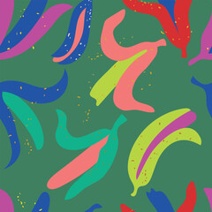 Fototapeta na wymiar Seamless abstract pattern with colorful banana on green background. Vector illustration.