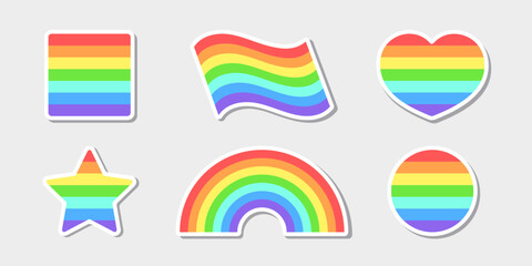 Rainbow colored design elements collection. Different shapes in colors of LGBT community on white background. Best for polygraphy, print, stickers, cards and web design.