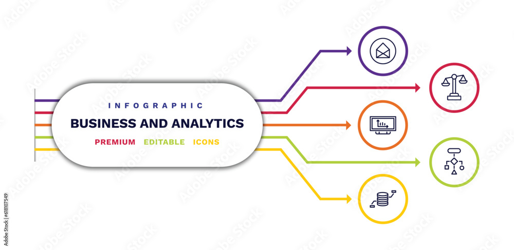 Wall mural set of business and analytics thin line icons. business and analytics outline icons with infographic template. linear icons such as business card, bars graphic on screen, database analysing, legal,