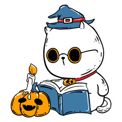 White cat with pumpkins for Halloween