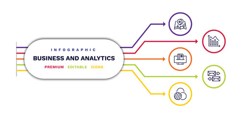 set of business and analytics thin line icons. business and analytics outline icons with infographic template. linear icons such as 3d location graph, online payment, value chart, data wave,