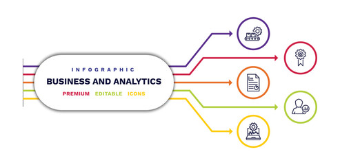 set of business and analytics thin line icons. business and analytics outline icons with infographic template. linear icons such as production, business plan, laptop with analysis, achievement, user
