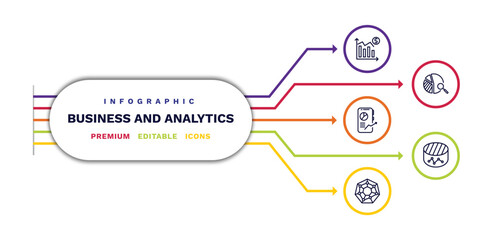 set of business and analytics thin line icons. business and analytics outline icons with infographic template. linear icons such as profit analysis, mobile stock data, radar chart, data analysis pie