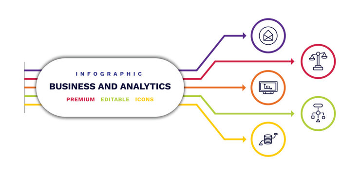 Set Of Business And Analytics Thin Line Icons. Business And Analytics Outline Icons With Infographic Template. Linear Icons Such As Business Card, Bars Graphic On Screen, Database Analysing, Legal,