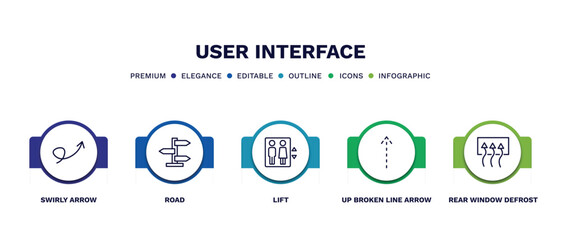 Fototapeta premium set of user interface thin line icons. user interface outline icons with infographic template. linear icons such as swirly arrow, road, lift, up broken line arrow, rear window defrost vector.